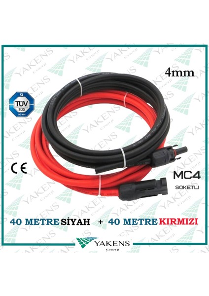 Mc4 Soketli (40M+40M) 80 Metre 4mm Güneş Paneli Hazır Solar Kablo Siyah Kırmızı