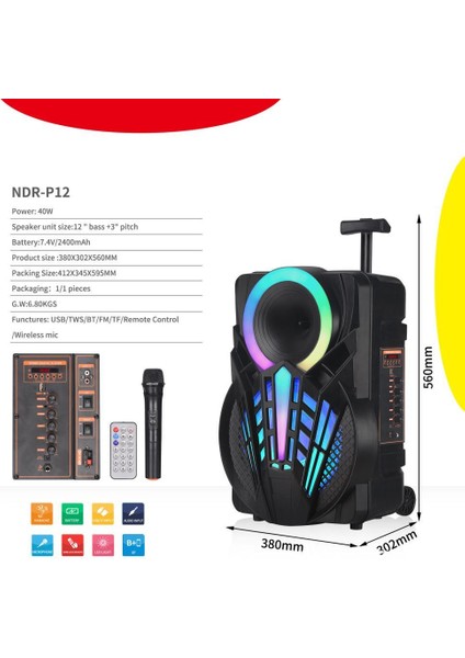 NDR-P12 Mikrofonlu Kumandalı Rgb Ledli Taşınabilir Tekerlekli Bluetooth Hoparlör
