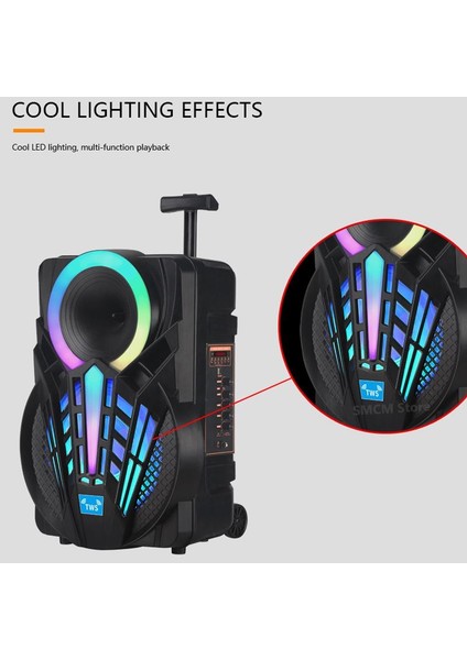 NDR-P12 Mikrofonlu Kumandalı Rgb Ledli Taşınabilir Tekerlekli Bluetooth Hoparlör