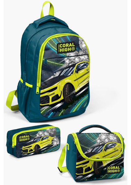 Kids Nefti Fosforlu Sarı Araba Desenli 3’lü Okul Çanta Seti SET0114406