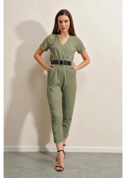 Kadın Haki Beli Lastikli V Yaka Deri Kemerli Örme Tulum HZL23S-BD170221