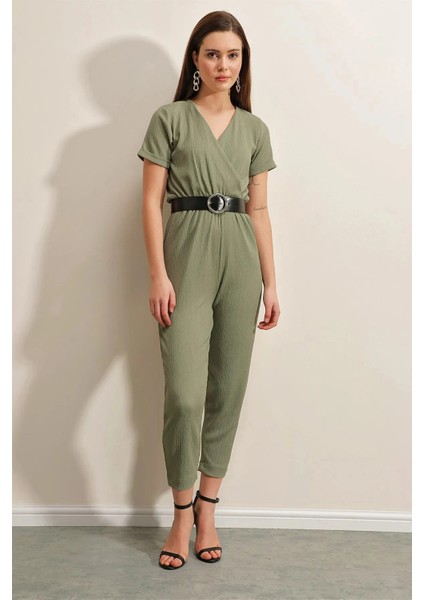 Kadın Haki Beli Lastikli V Yaka Deri Kemerli Örme Tulum HZL23S-BD170221