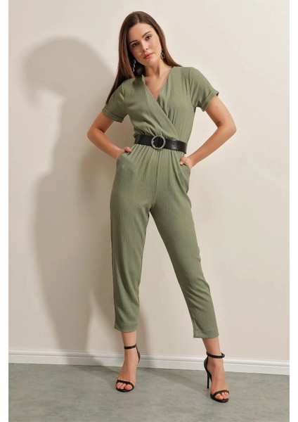 Kadın Haki Beli Lastikli V Yaka Deri Kemerli Örme Tulum HZL23S-BD170221