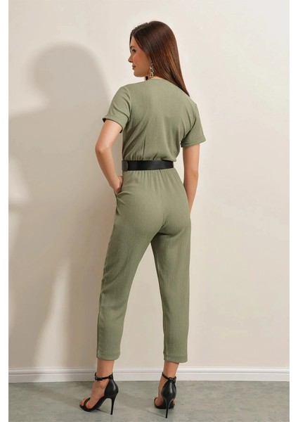 Kadın Haki Beli Lastikli V Yaka Deri Kemerli Örme Tulum HZL23S-BD170221
