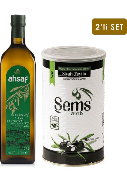 Natürel Sızma Zeytinyağı 1l -Cam + Yağlı Sele Siyah Zeytin 900 gr 231-260 Kalibre (2'li Ekonomik Paket)