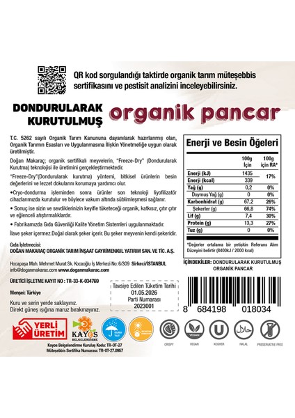 Organik sertifikalı (Freeze-Dry) dondurularak kurutulmuş pancar