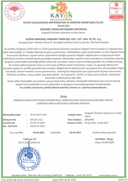 Organik sertifikalı (Freeze-Dry) dondurularak kurutulmuş pancar