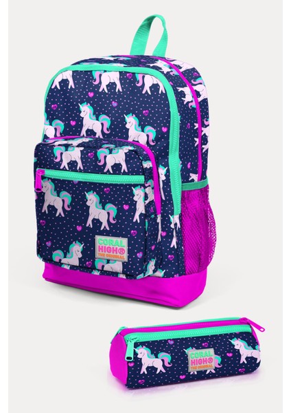 Kids Lacivert Pembe Unicorn Desenli 2'li Okul Çanta Seti SET0223467