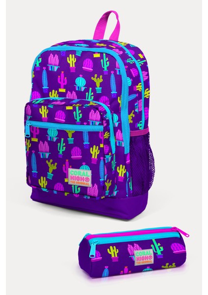 Kids Mor Pembe Kaktüs Desenli 2'li Okul Çanta Seti SET0223108