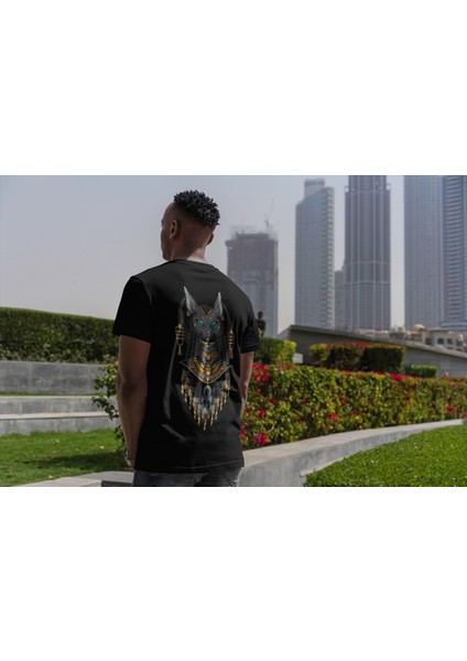 Mısır Kedi Tanrıça Sırt Baskılı Desenli %100 Pamuk Beyaz Erkek T-Shirt