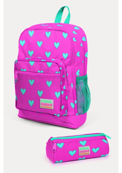 Kids Neon Pembe Su Yeşili Kalp Desenli 2'li Okul Çanta Seti SET0223113