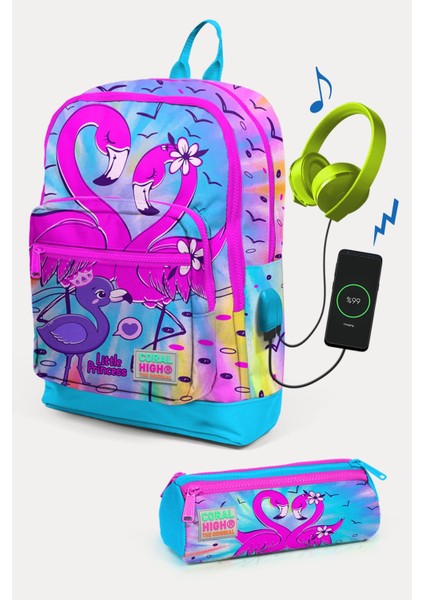 Kids Mavi Pembe Flamingo Desenli Usb'li 2'li Okul Çanta Seti SET0223830