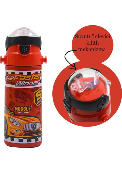 Pipetli Çelik Matara MT-2635 Araba Desenli Kırmızı 550 ml