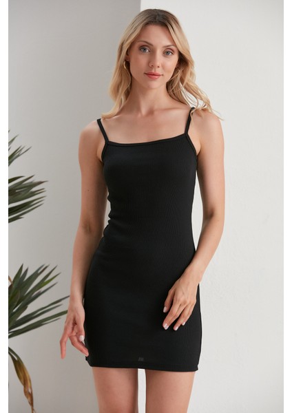 Kadın Siyah Ip Askılı Mini Kaşkorse Elbise