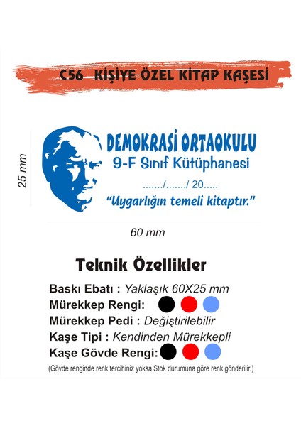 Atatürk Temalı Kişiye Özel Kitap Mühürü Kitap Kaşesi C56