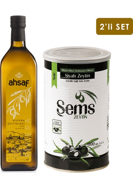 Riviera Zeytinyağı 1l Cam + Yağlı Sele Siyah Zeytin 900 gr 231-260 Kalibre (2'li Ekonomik Paket)