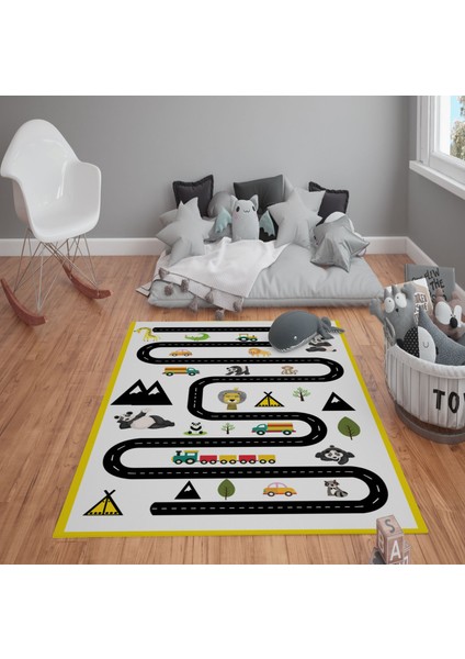 Doruklar Home Collection Kaymaz Tabanlı Yıkanabilir  Yol ve Jungle Desenli Çocuk Halısı Dot Taban Halı