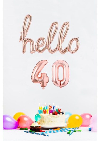 40 Yaş Doğum Günü Balonları - Hello 40 El Yazısı Rose Gold Renk Folyo Balon