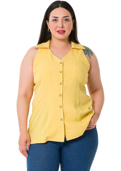 Büyük Beden Halter Yaka Kolsuz Sarı Gömlek
