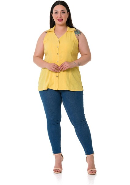 Büyük Beden Halter Yaka Kolsuz Sarı Gömlek fiyatları