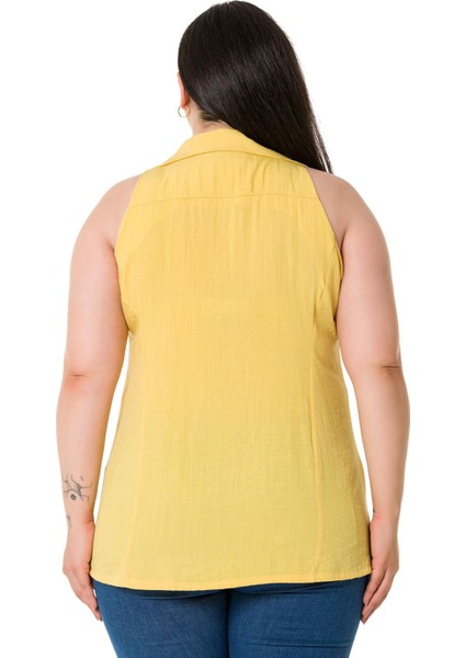 Büyük Beden Halter Yaka Kolsuz Sarı Gömlek modelleri