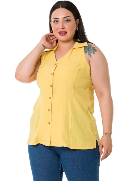 Büyük Beden Halter Yaka Kolsuz Sarı Gömlek fırsatları