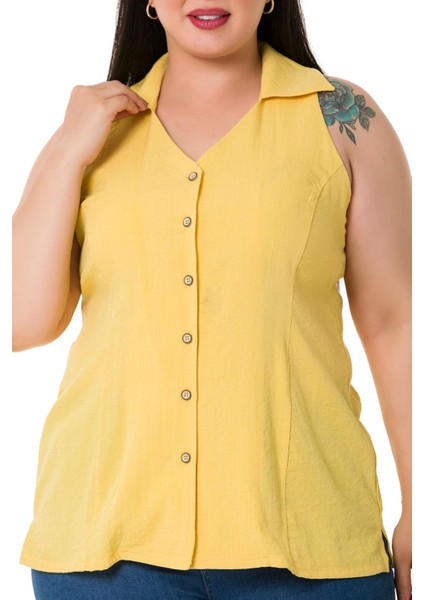 Büyük Beden Halter Yaka Kolsuz Sarı Gömlek indirimleri