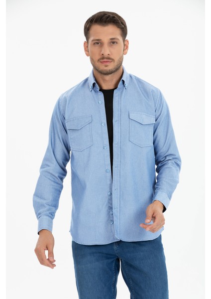 Erkek Açık Mavi Çift Cepli Düz Likralı Uzun Kollu Kot Gömlek