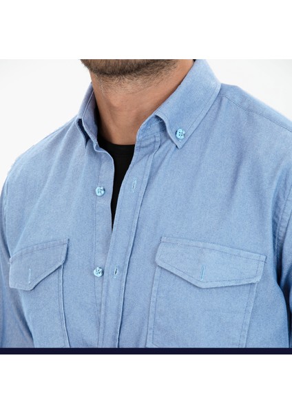 Erkek Açık Mavi Çift Cepli Düz Likralı Uzun Kollu Kot Gömlek modelleri