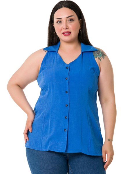 Büyük Beden Halter Yaka Kolsuz Indigo Gömlek