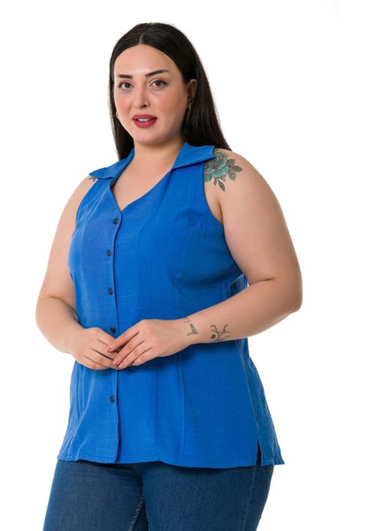 Büyük Beden Halter Yaka Kolsuz Indigo Gömlek fırsatları