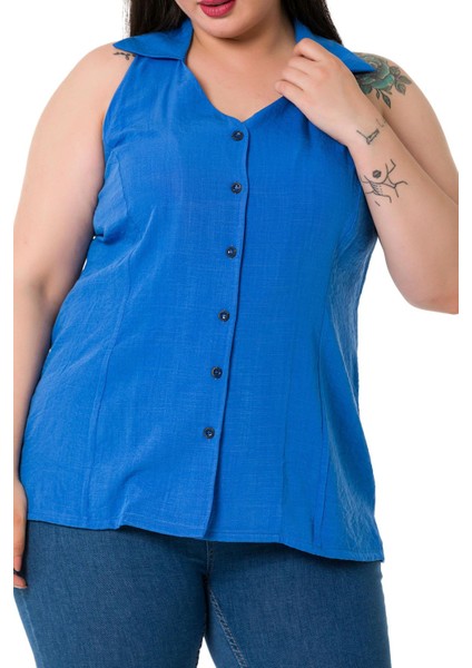 Büyük Beden Halter Yaka Kolsuz Indigo Gömlek indirimleri