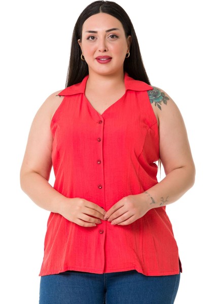 Büyük Beden Halter Yaka Kolsuz Coral Gömlek