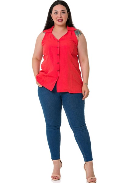 Büyük Beden Halter Yaka Kolsuz Coral Gömlek fiyatları