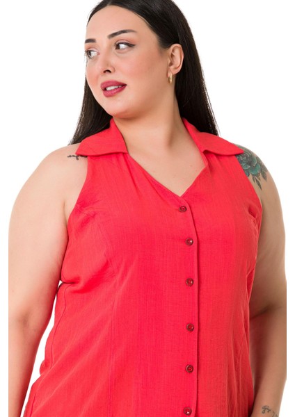 Büyük Beden Halter Yaka Kolsuz Coral Gömlek indirimleri