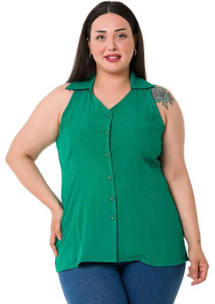 Büyük Beden Halter Yaka Kolsuz Yeşil Gömlek