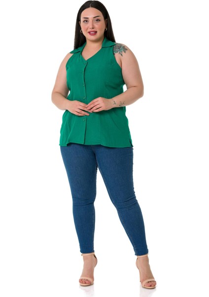 Büyük Beden Halter Yaka Kolsuz Yeşil Gömlek fiyatları
