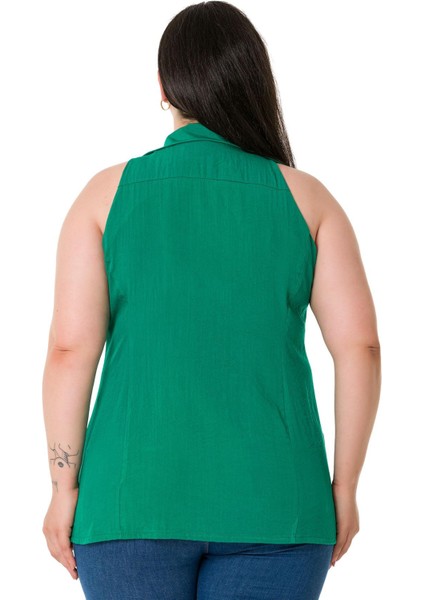 Büyük Beden Halter Yaka Kolsuz Yeşil Gömlek modelleri