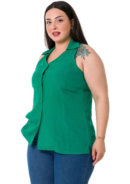 Büyük Beden Halter Yaka Kolsuz Yeşil Gömlek fırsatları