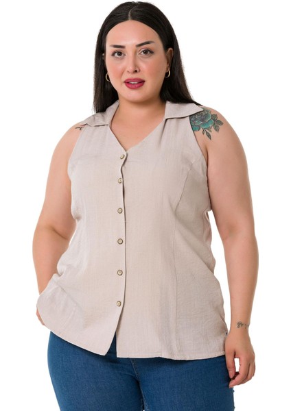 Büyük Beden Halter Yaka Kolsuz Taş Rengi Gömlek