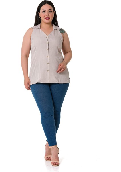 Büyük Beden Halter Yaka Kolsuz Taş Rengi Gömlek fiyatları