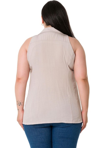 Büyük Beden Halter Yaka Kolsuz Taş Rengi Gömlek modelleri
