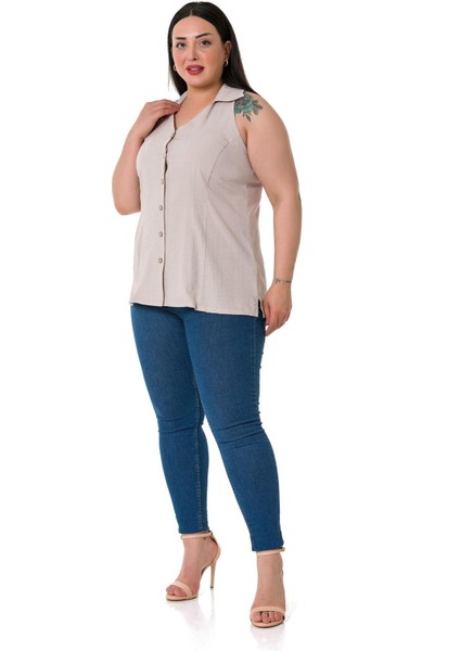 Büyük Beden Halter Yaka Kolsuz Taş Rengi Gömlek fırsatları