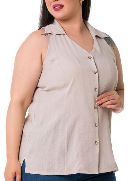 Büyük Beden Halter Yaka Kolsuz Taş Rengi Gömlek indirimleri