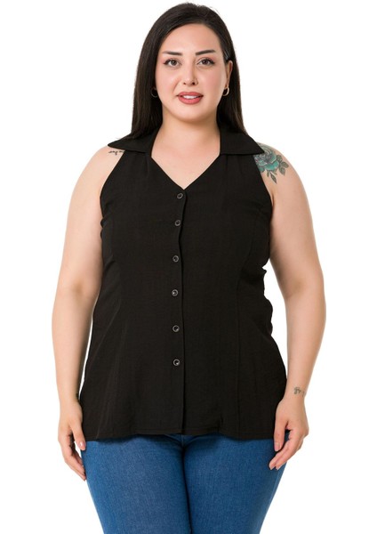 Büyük Beden Halter Yaka Kolsuz Siyah Gömlek
