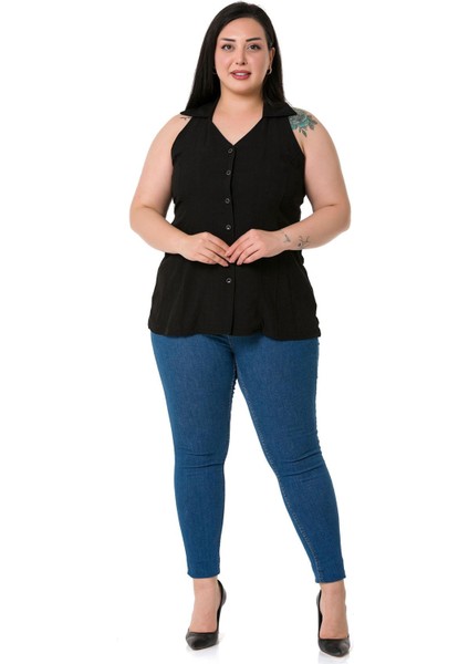 Büyük Beden Halter Yaka Kolsuz Siyah Gömlek fiyatları