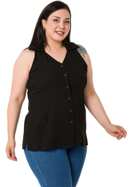 Büyük Beden Halter Yaka Kolsuz Siyah Gömlek fırsatları