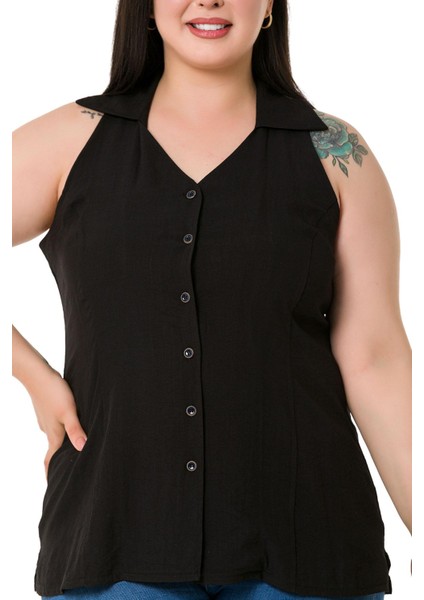 Büyük Beden Halter Yaka Kolsuz Siyah Gömlek indirimleri