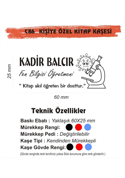 Öğretmenlere ve Kişiye Özel Kitap Mühürü Kitap Kaşesi C86