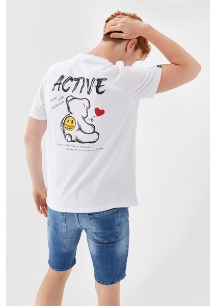 Active Boykot Baskılı Bisiklet Yaka Regular Fit Tişört Beyaz